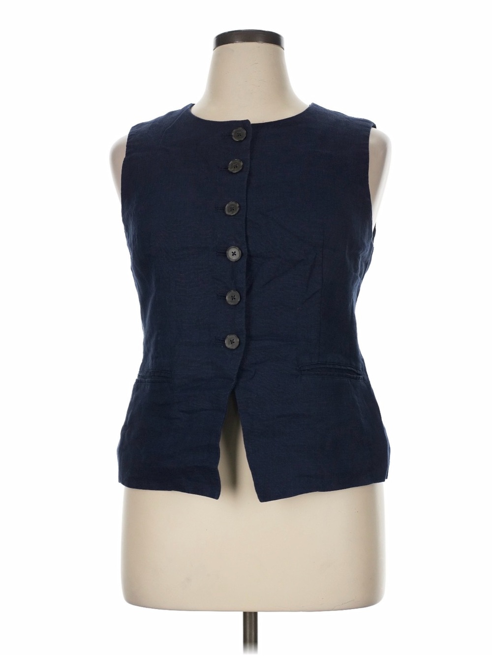 JCREW J. CREW 14 Linen Vest Sleeveless Navy Button-Front Women's Top L XL